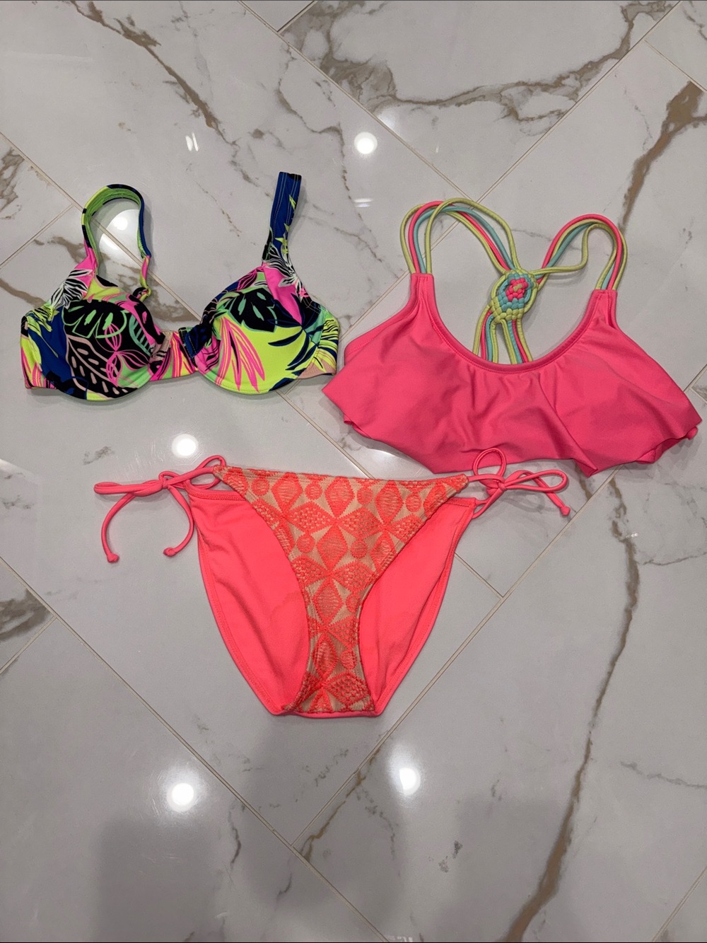Neon Pink & Tropical Print Bikini Set - Two Tops + Bottom Small